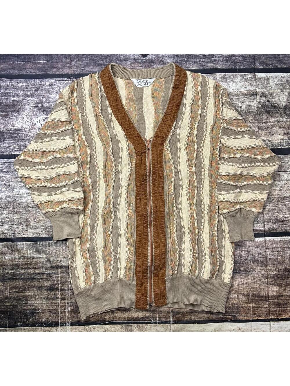 VTG Dalmine Uomo Sweater Mens Small Coogi Style 3D Knit Full Zip Italy Cotton